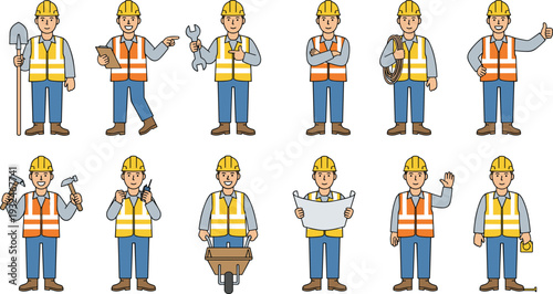 Smooth line art vector collection of construction workers in different poses with tools, protective equipment, and minimal outline style