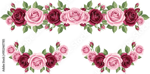 Pink and burgundy rose floral border set, elegant botanical bouquet arrangements with green leaves isolated on white background