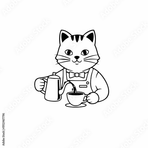 A cartoon cat wearing an apron pours coffee from a pot into a cup, vector illustration style, 74.eps reference