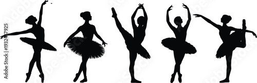 Five Black Silhouettes of Ballerinas in Various Poses on White Background ballet dancer