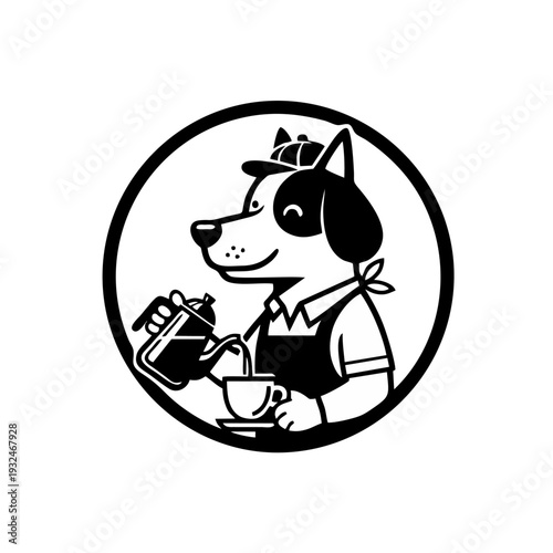 A cartoon dog wearing an apron and hat, serving coffee and cake in a circular frame, vector illustration