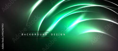 Dark green background features glowing curved lines. Smooth gradients create dynamic visual effect. Text reads background design.
