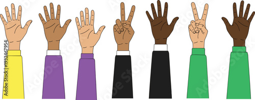 Diverse raised hands vector illustration set, multicultural human gestures isolated on white background, equality diversity and inclusion concept