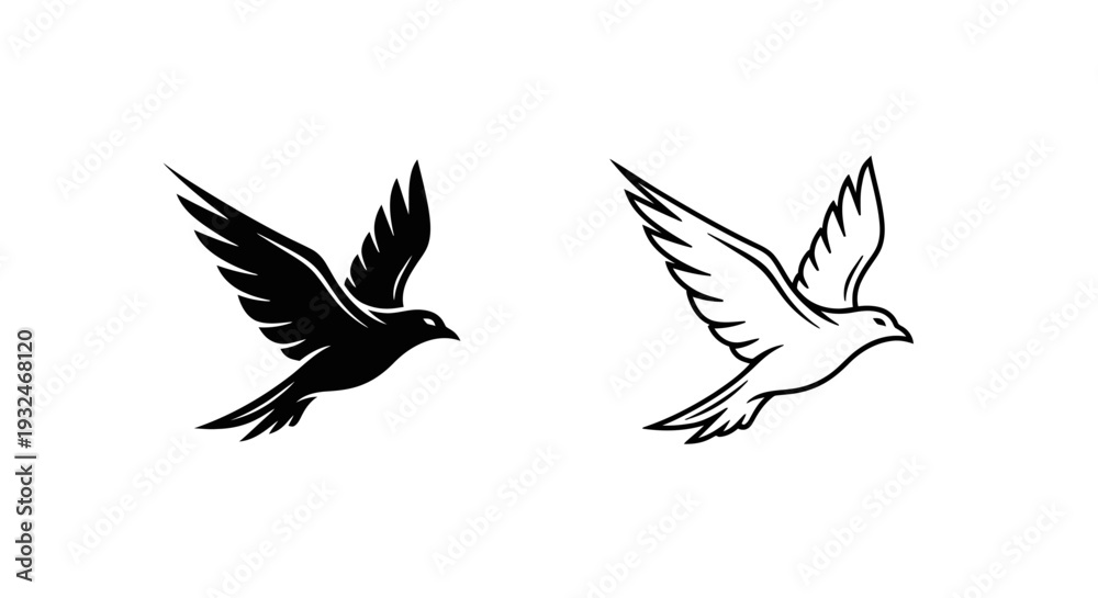 Fototapeta premium Set of 2 flying bird vector icons in black and white