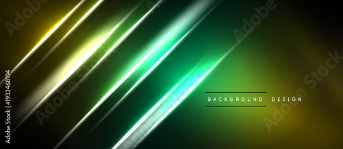 Abstract neon lines create dynamic gradient effect. Dark background emphasizes vibrant yellow, green illumination. Modern design element.