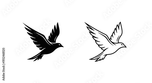 Set of 2 flying bird vector icons in black and white