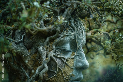 Close up of a serene stone face sculpture with roots and leaves growing on it, creating a powerful symbol of nature's resilience and interconnectedness