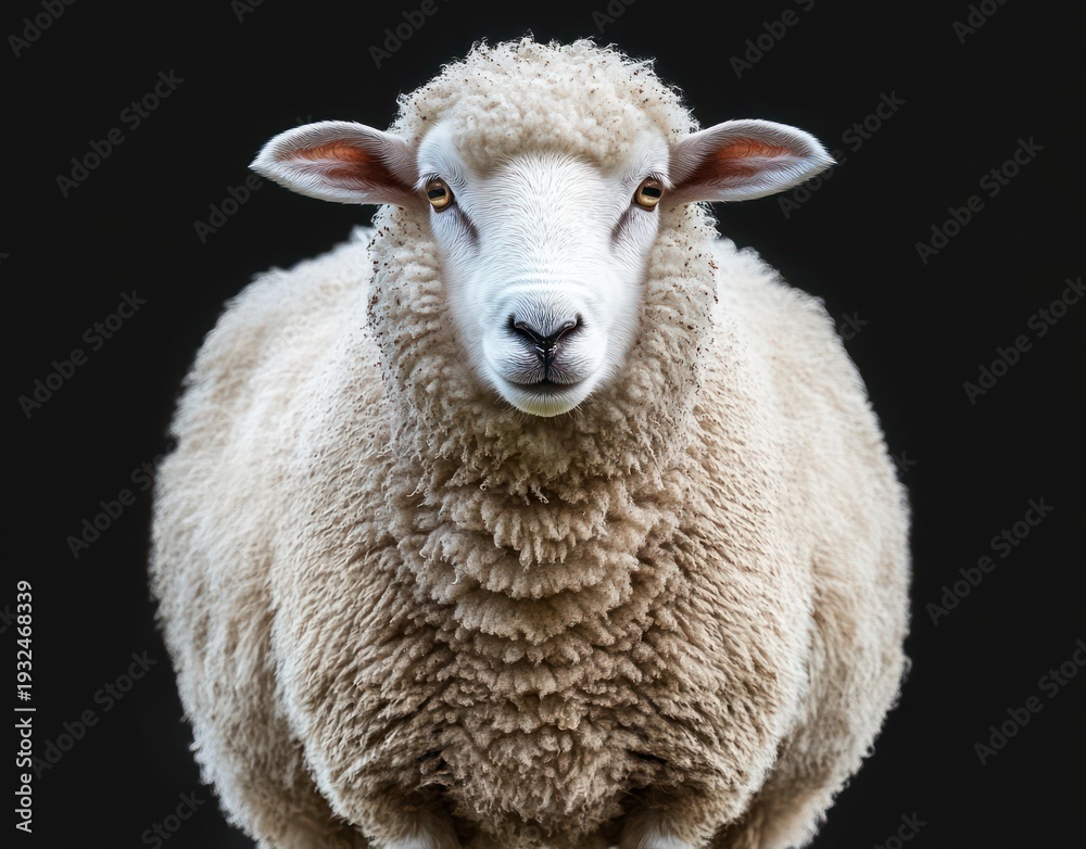 Fototapeta premium front-facing fluffy sheep portrait with calm curious expression and thick wool on dark background