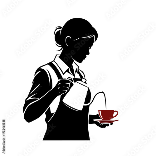 Woman Pouring Coffee into Cup from Jug, Silhouette Illustration, Service Industry Scene, Isolated on Transparent Background, Side View