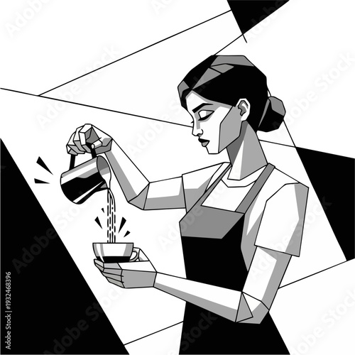 Woman pouring coffee from a pot into a cup in a modern kitchen setting
