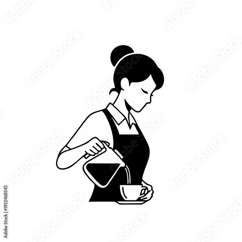 Woman pouring coffee from a jug into a cup, standing profile view