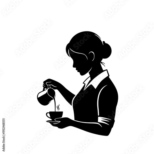 Woman Pouring Hot Beverage into a Cup, Silhouette Illustration, Profile View of a Waitress Serving Coffee