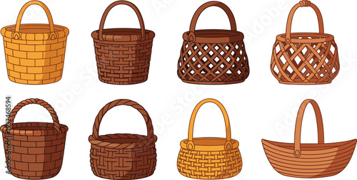 Wicker basket collection vector illustration set, handcrafted woven storage containers isolated on white background, rustic market picnic decor design
