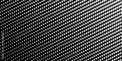 Black background pattern with small white plus (+) signs repeating diagonally, oblique perspective with size gradient effect.