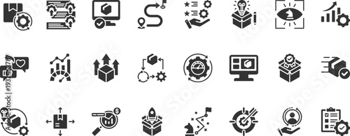 product management icon set collection. pack contain roadmap, metric, strategy, vision, iteration, market analysis, development, design, growth, quality icon
