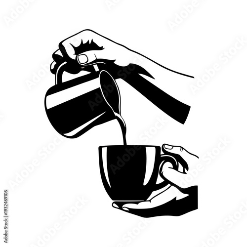 Hands pouring coffee from a pot into a cup in a modern kitchen environment from a high viewpoint 30.eps