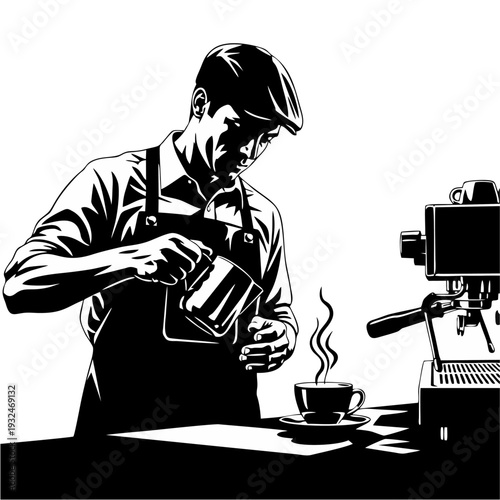 Barista pouring steamed milk into a cup of coffee, captured from a high angle, showcasing coffee preparation in a modern cafe setting, referencing 39.eps