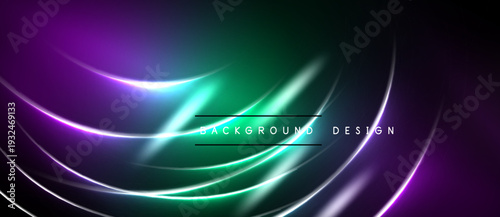 Abstract neon lines create vibrant purple, green glow. Dark background emphasizes flowing curves, modern design elements.