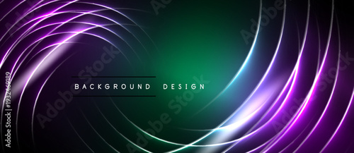 Abstract neon swirls, vibrant greenpurple gradient. Modern design element, perfect for banners, presentations. Dynamic energy radiates from center.