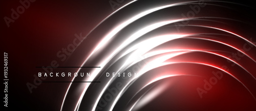 Abstract red neon lines create curved shapes. Dark background emphasizes glowing light effects, modern design element.