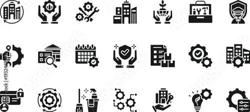 facility management icon set collection. pack contain building, maintenance, asset, service, operation, security, cleaning, utility, space, energy icon