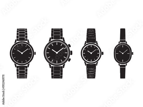 Set of four black wrist watch silhouettes isolated on white background with various bands
