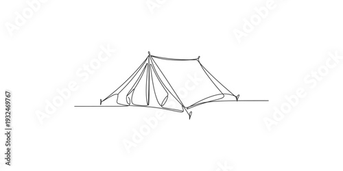 Minimalist line drawing of a classic camping tent on a white background for outdoor design.