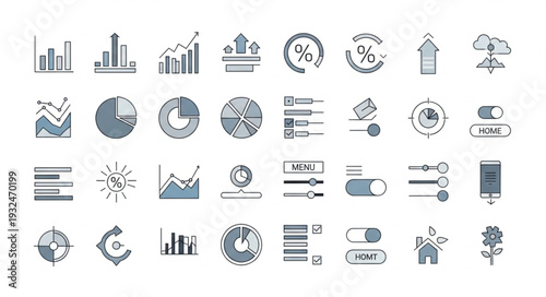 Collection of various business and financial data visualization icons and symbols for analysis and reporting.