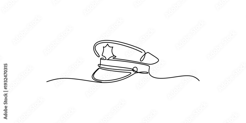 Fototapeta premium Single continuous line drawing of a police officer hat with a badge on a white background