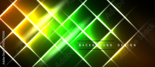 Bright neon lines form diagonal grid. Vivid green, yellow, orange hues dominate dark background. Modern abstract design element.