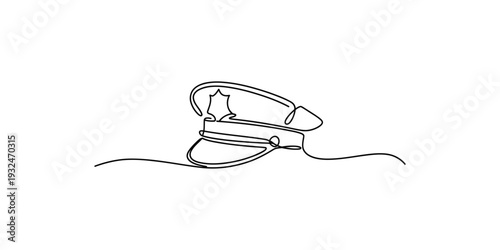 Single continuous line drawing of a police officer hat with a badge on a white background