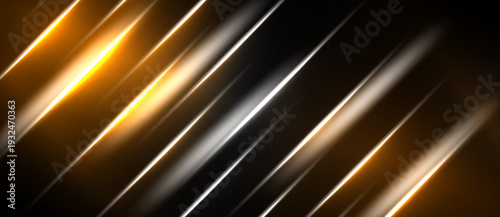 Abstract design features diagonal lines, gold highlights, dark background. Modern aesthetic, sleek presentation, dynamic composition.