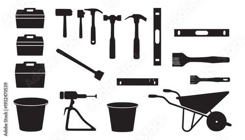 Construction tools toolbox level brush wheelbarrow bucket tripod construction site