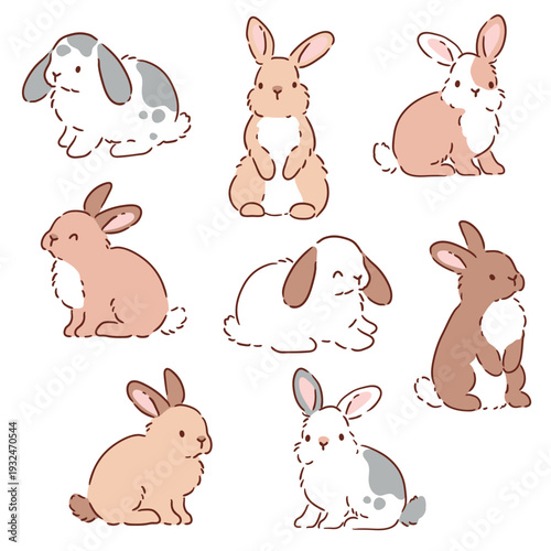 Set of cute rabbits on isolated white background. Hand drawn Easter bunny cliparts.