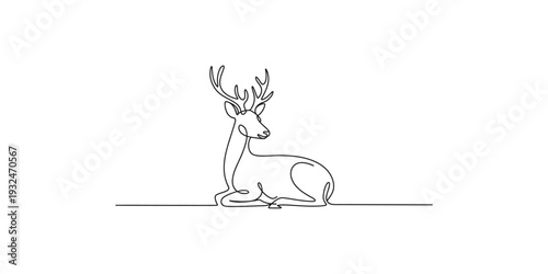 Minimalist continuous line drawing of a sitting deer with antlers on a white background.