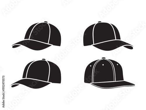 Baseball cap silhouette set featuring different angles and styles for headwear mockups now