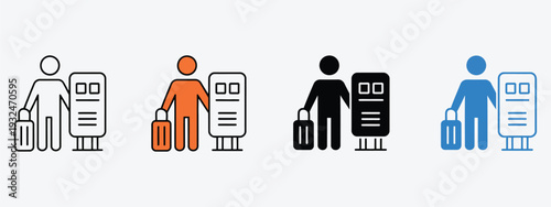 Check In icon collection in multiple styles illustrating travel check-in process, airport and hotel symbols