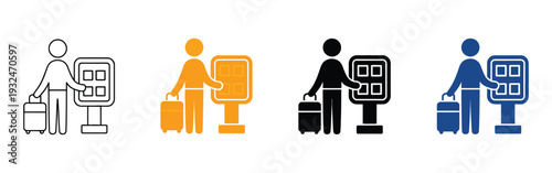 Check In multiple icon style vector illustration set featuring line, solid, and colored designs, travel and location symbols, user registration concepts, and modern flat