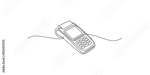 Single line drawing of a modern credit card terminal for electronic payments and transactions.