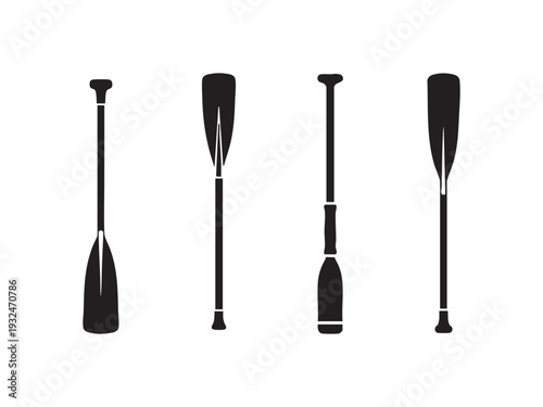 Collection of four oars for kayaking and canoeing on white background silhouette