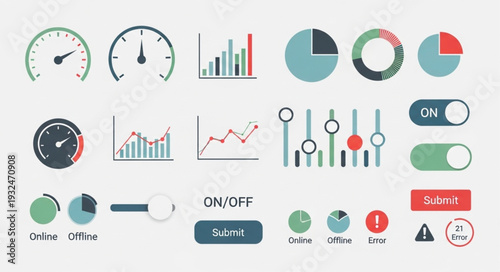 Collection of various user interface elements for data visualization and control.