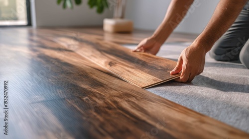 Hands Applying Wooden Floor Plank in Bright, Modern Interior with Natural Light and Elegant Design Elements