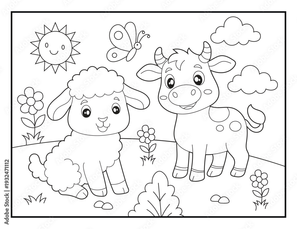 Obraz premium Baby Sheep and Cow Character Coloring Sheet for Kids. Simple Countryside Farm Activity Sheet for Children