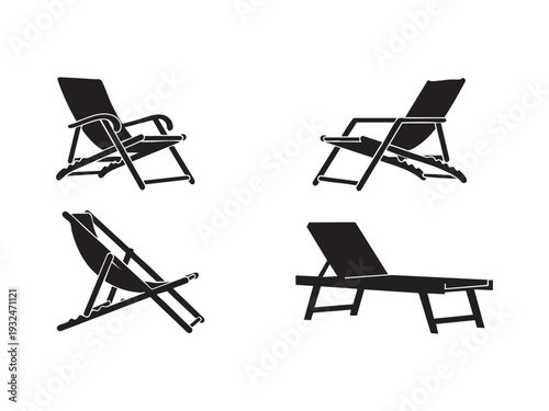 Deck chairs and lounge chairs for relaxation outdoors at beach or park