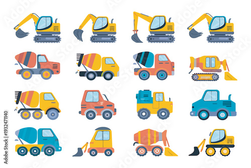 Set of construction vehicles like excavators and concrete mixers on white background