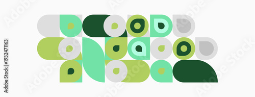 Abstract geometric shapes, varying shades green, beige. Composition feels playful, modern, minimalist. Simple forms create balanced design.