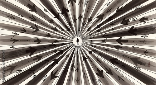 Conceptual artwork depicting a person standing surrounded by arrows
