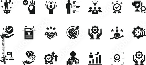 Excellence icon set collection. Icon pack contains quality, perfection, achievement, success, mastery, skill, innovation, leadership, integrity, commitment, dedication, growth