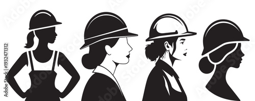 Silhouettes of women construction workers wearing hard hats
