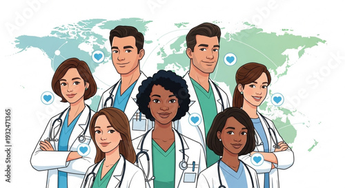 Diverse group of smiling medical professionals standing together with a world map background and blue heart symbols representing global healthcare and teamwork